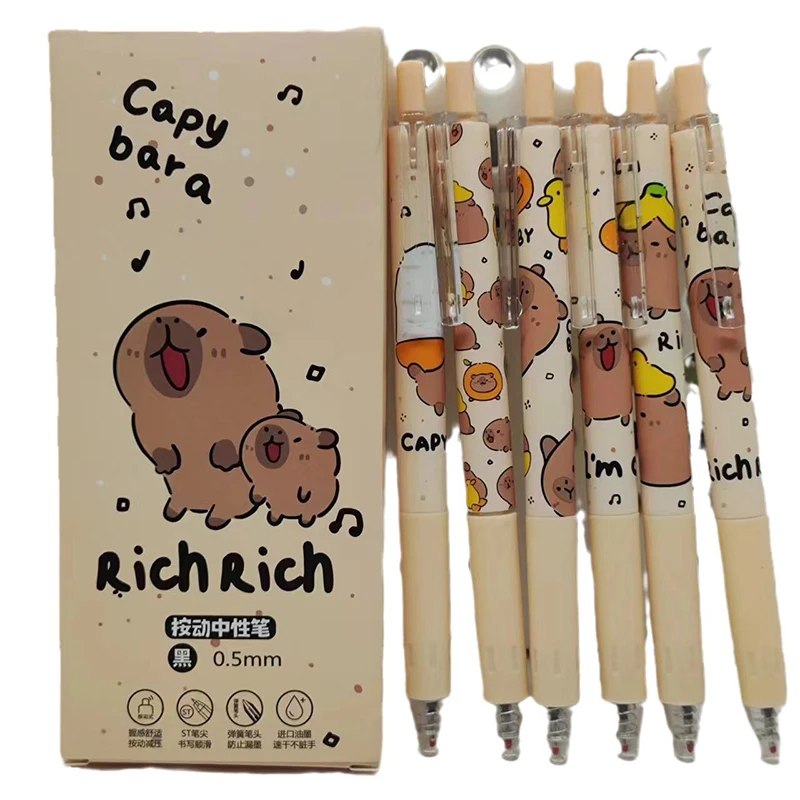 6Pcs Kawaii Cartoon Capybara Gel Pen Cute Quick-Drying Writing Smooth Pressing Neutral Pen School Supplies Aesthetic Stationery