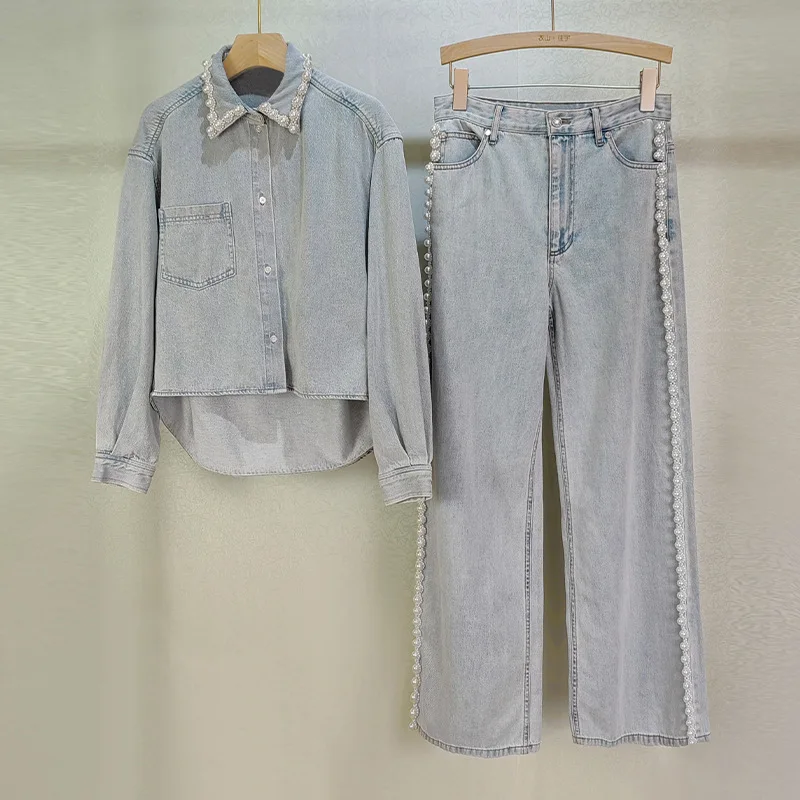 Fashionable suit pearl decorative lapel light blue denim shirt + wide-leg pants Fashionable single niche 2025 early spring