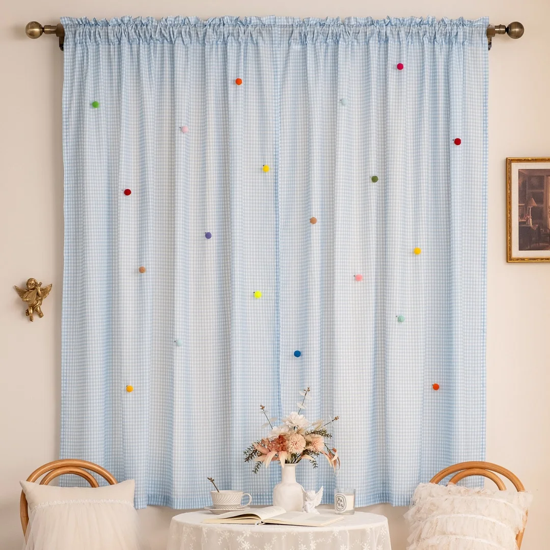 Fresh blue plaid small window curtain children's room bedroom bay window ins wind Korean window screen curtain