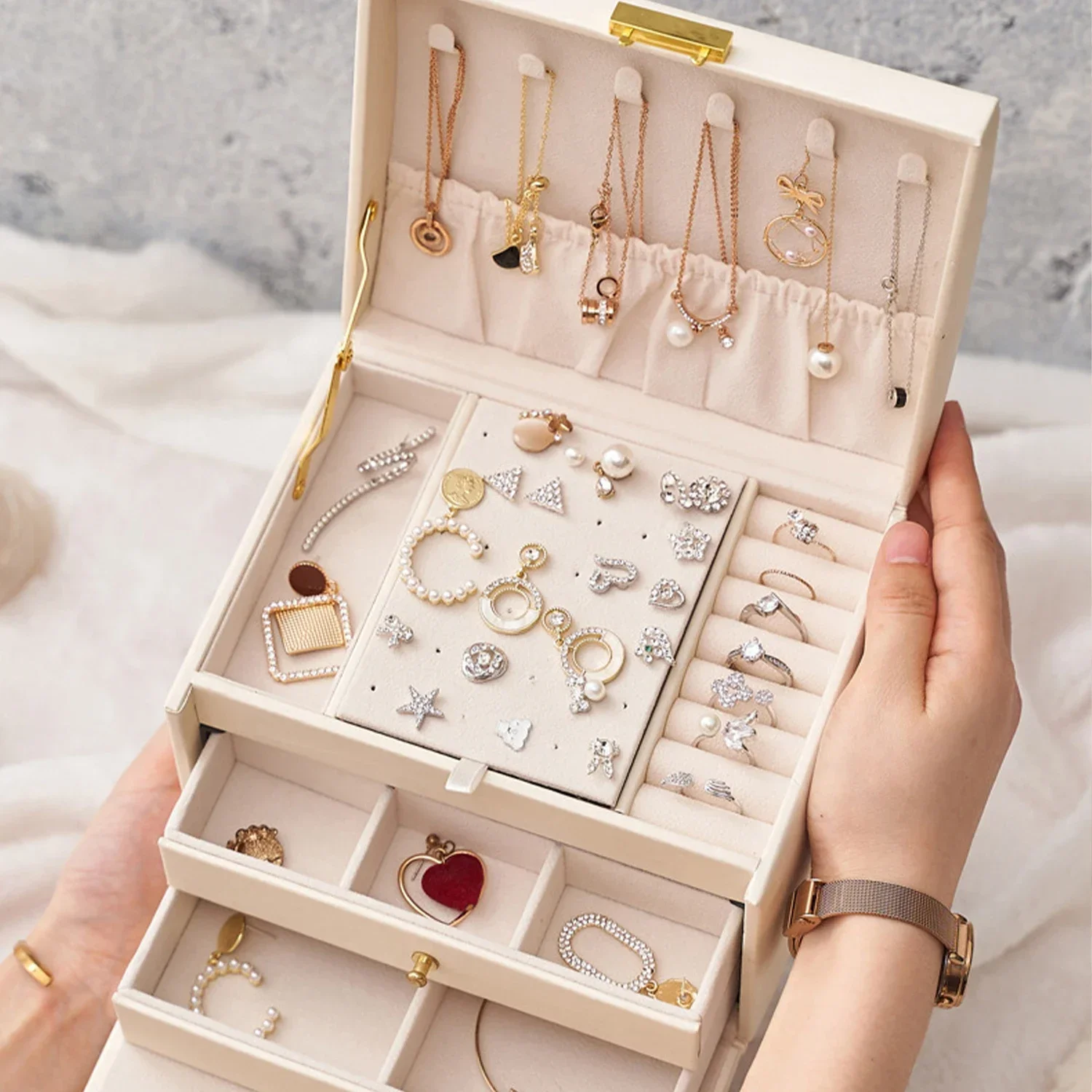 1 ثلاثة طبقة سعة كبيرة مطرز اللؤلؤ قلادة سوار حلقة صندوق قلادة صندوق ساعة صندوق مجوهرات أقراط صندوق 01 #3