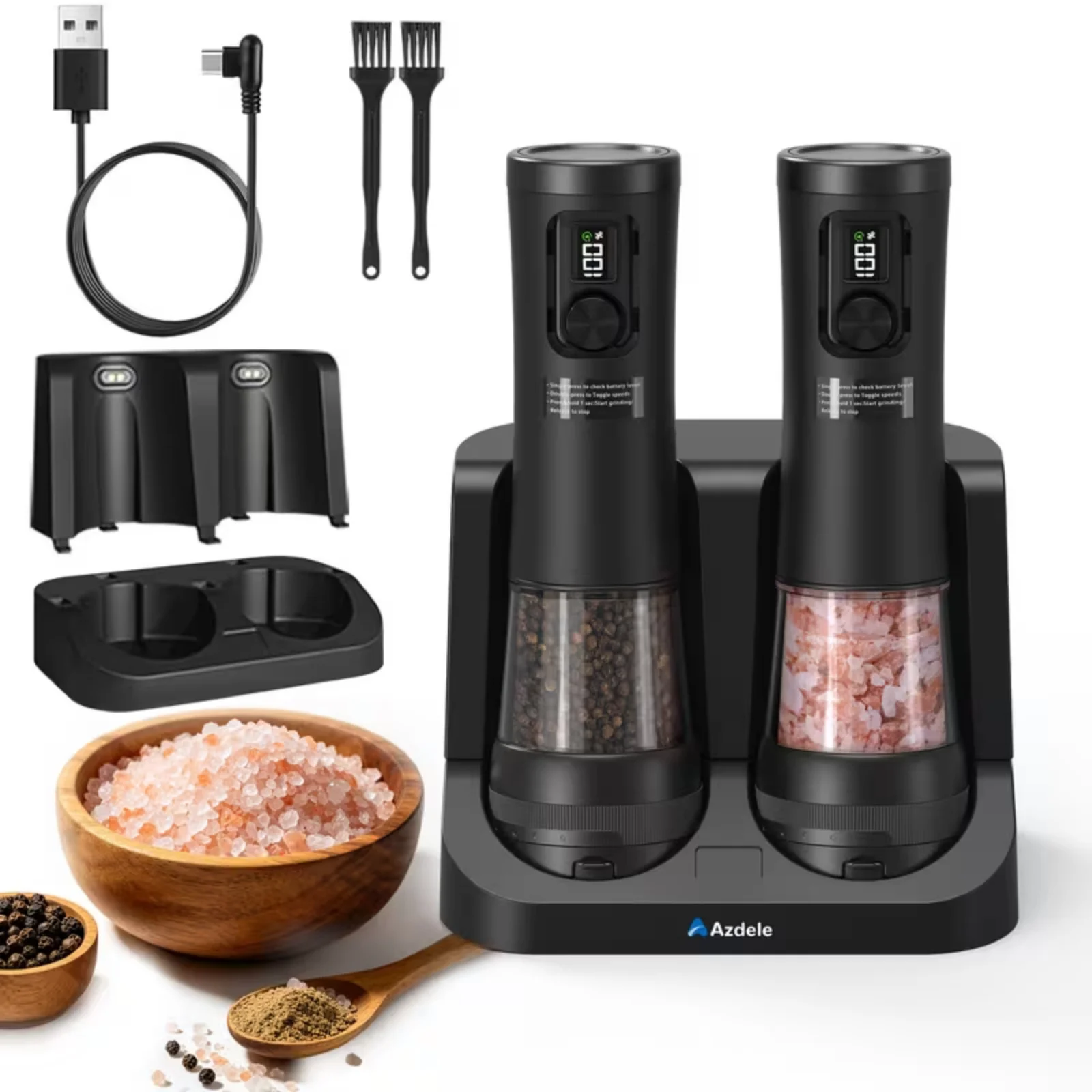 Electric Salt And Pepper Grinder Set, Dual-Speed Adjustment, Stainless Steel Rechargeable Automatic Pepper Grinder Jar, With USB Charging Base, Large 3.38 Ounce Capacity, External Adjustable Coarseness, LED Light.