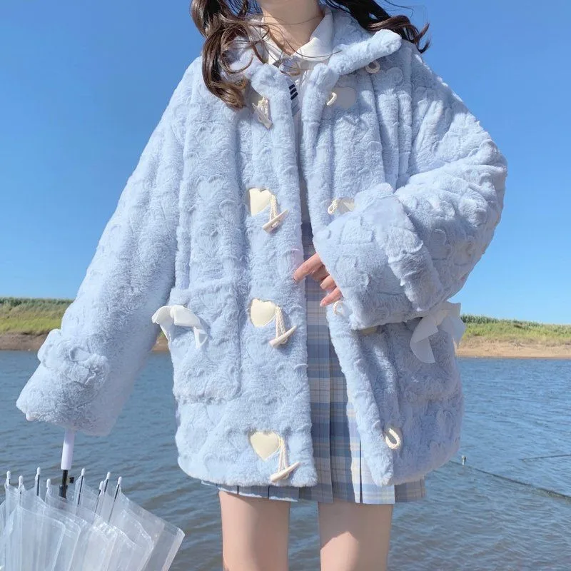 

Blue Plush Coat Women Lolita Cute Kawaii Preppy Style Heart Jacket Female Autumn Winter Casual Warm Bow Horn Button Outerwear