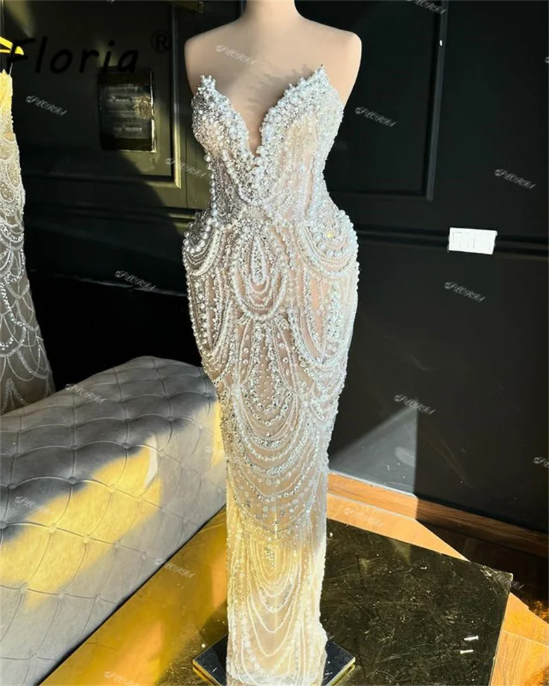 Luksusowe ciężkie koraliki syrenka sukienka na studniówkę pełnymi perłami kryształ V dekolt suknie zaręczynowe vestidos de fiesta elegantes 2024