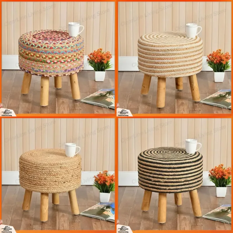 for Handmade Jute Sitting Stool Bohemian Chic Home Decor Accent Texture Vintage Round Footstool for Living Room and Bedroom