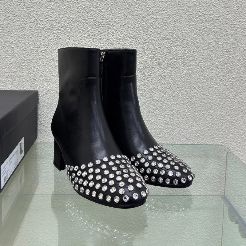 

SJBOB Designer Women's Ankle Boots Fashion Chunky Heel Short Boots Casual Fashion Genuine Leather Boots with Crystal Decoration