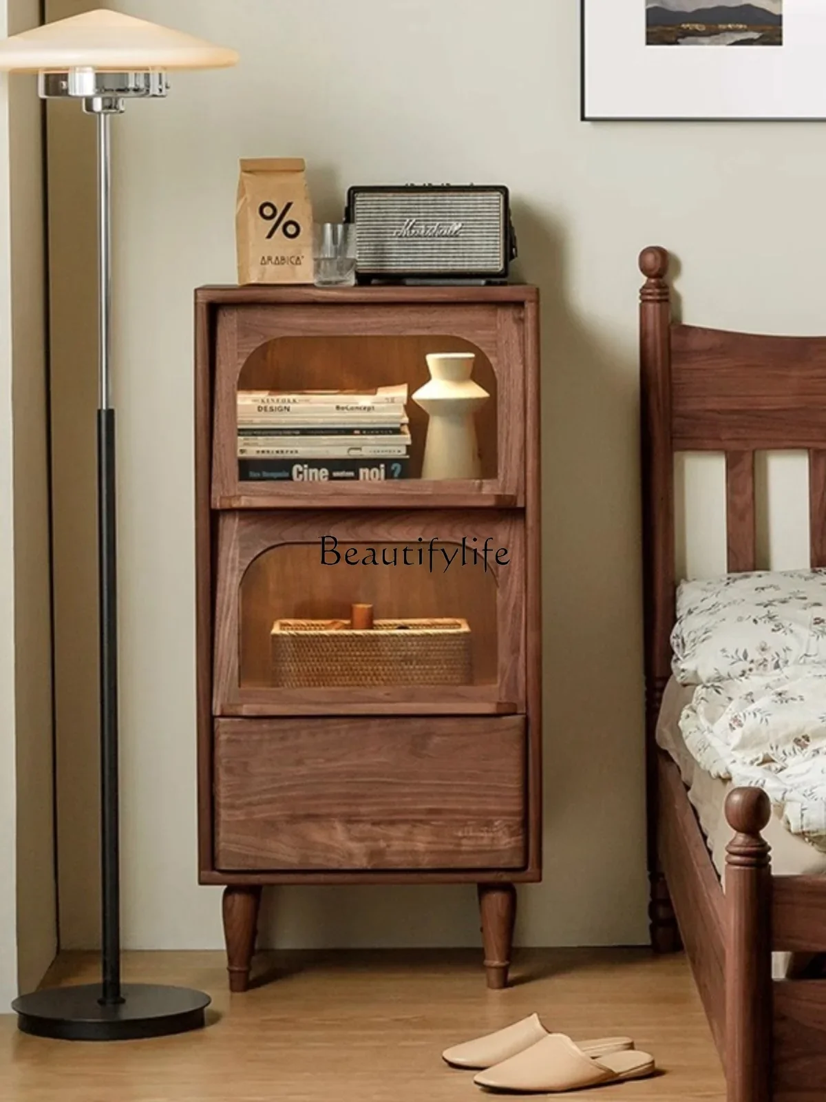 

Nordic black walnut solid wood drawer cabinet living room light luxury storage simple