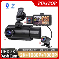 PUGTOP 3 Channel Dash Cam Front Inside Rear 3 Way Car Dash Camera 2K+1080P Dual Channel With WiFi IR Night Vision Camcorder