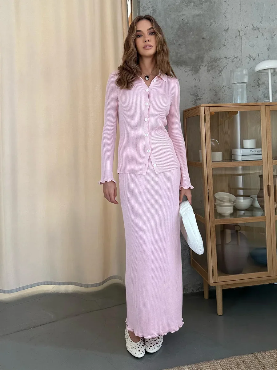 Blubelle المرأة الجديدة الخريف الشتاء بولو الرقبة طويلة الأكمام مضلع سترة متماسكة تنورة مجموعة زر الجبهة مرونة عارضة مجموعة