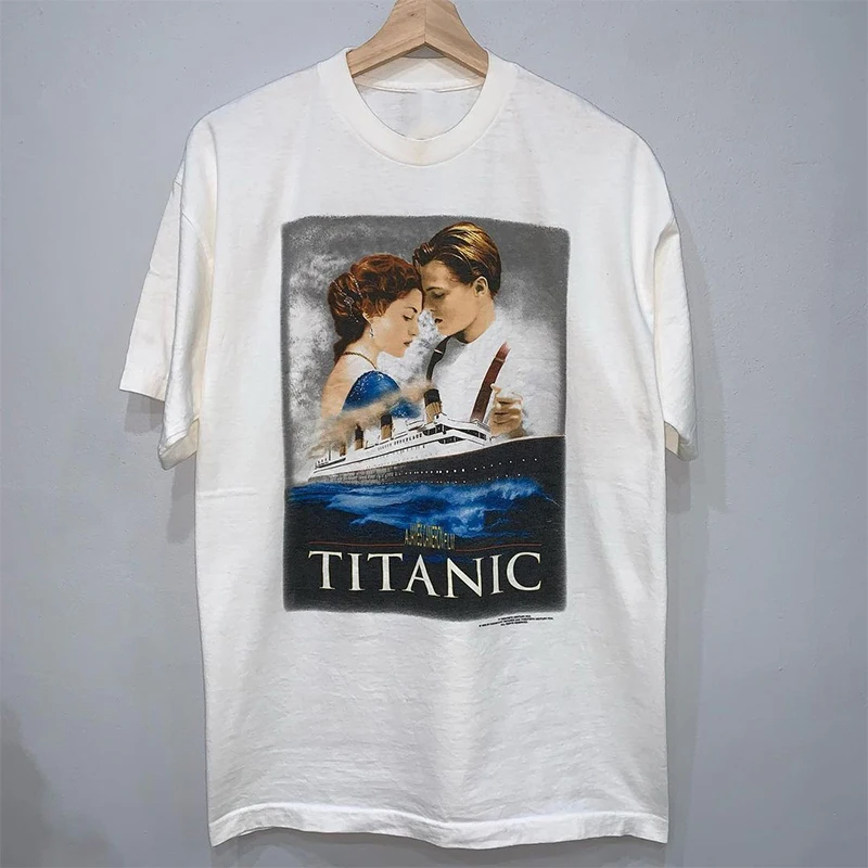 タイタニックポスター-オーバーサイズ-コットン-半袖-ユニセックス-tシャツ-通気性-快適-カジュアル-ファッション-若々しい感覚-プリント