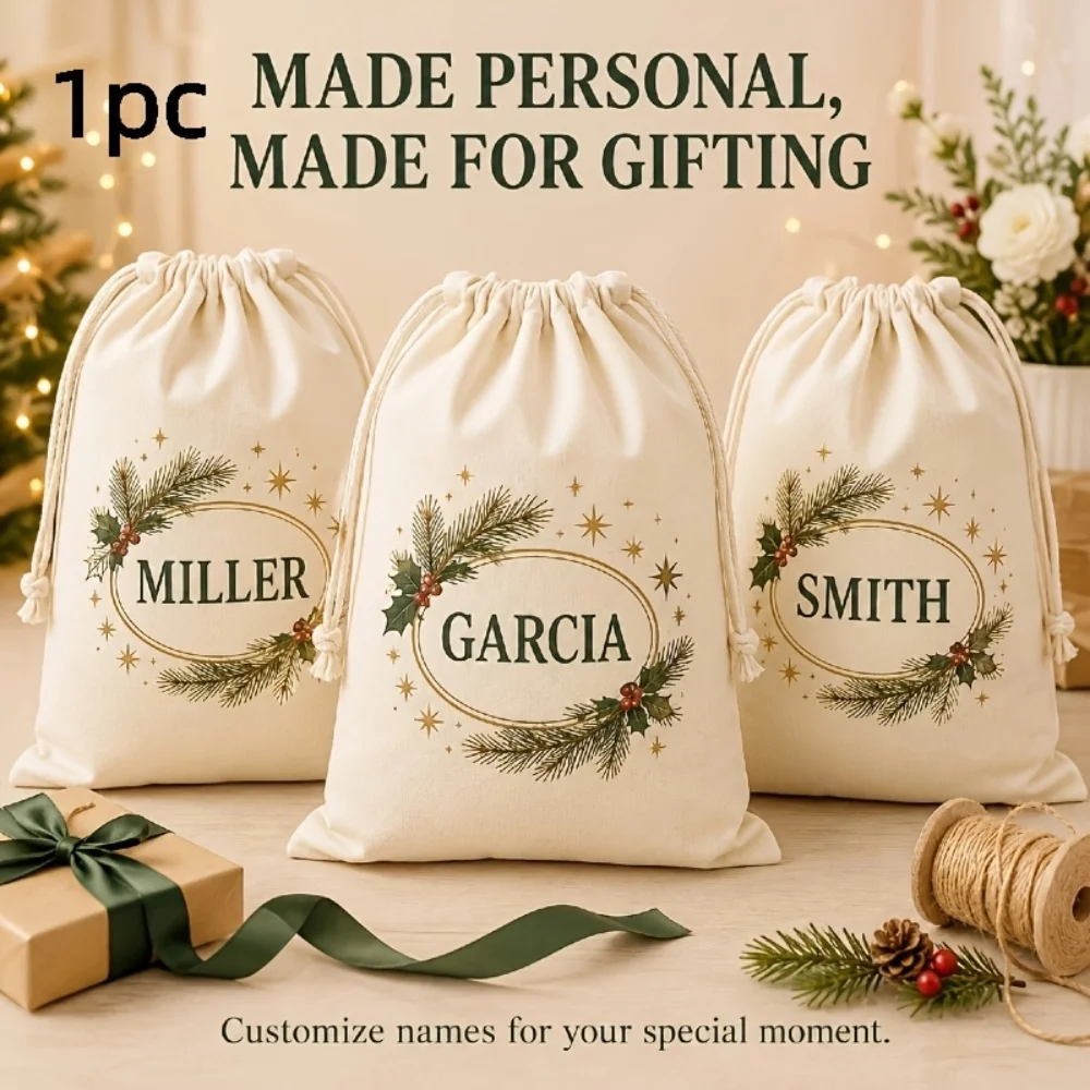 1Pc Custom Name/Text Christmas Wreath Pattern Imitation Hemp Gift Bag,Extra-Large Drawstring Bags,Party Candy Bag,Christmas Gift