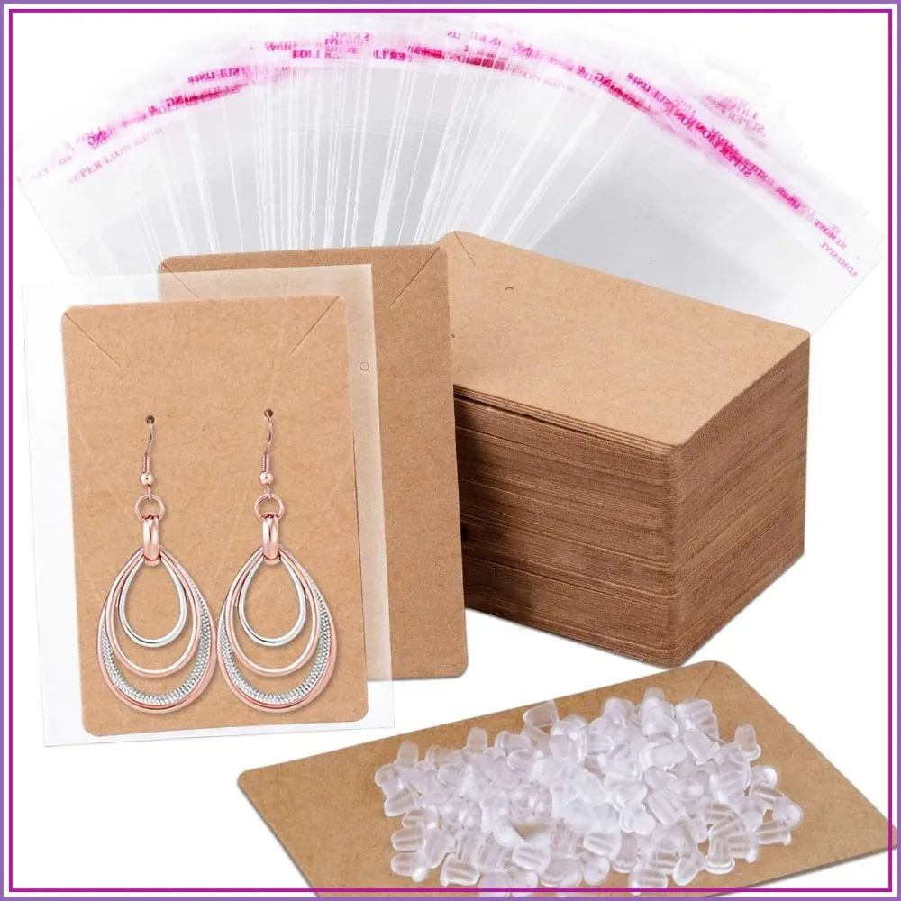 

100 Earring Display Cards with 200 Backs and 100 Self-Sealing Bags, Kraft 3.5x2.4 Inches for Jewelry Organization