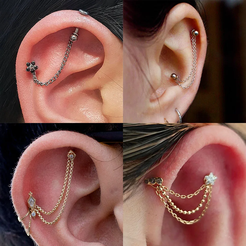 أقراط سلسلة صغيرة مرصعة بأحجار زركونيا مزدوجة ، سلسلة متدلية ، فولاذ جراحي ، هدية لها