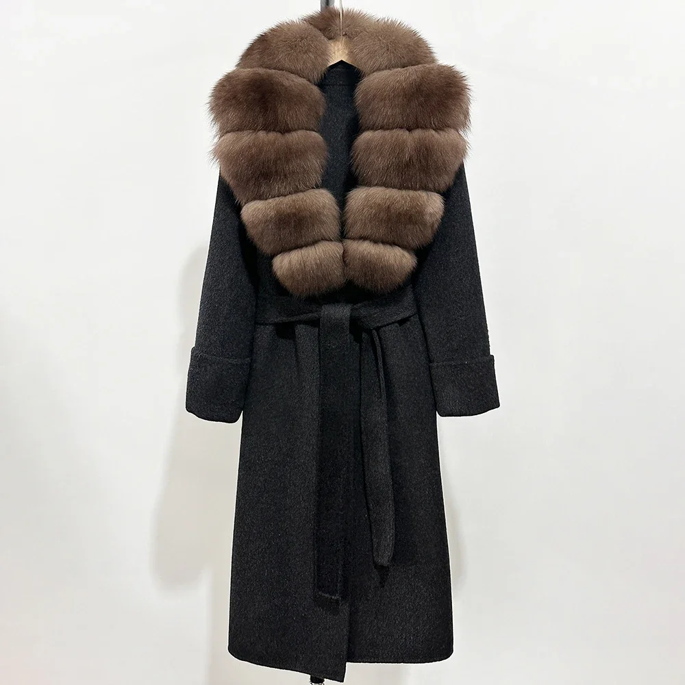 OFTBUY سترة صوف الكشمير الإناث جديد الخريف الصوف مزيج معطف المرأة معطف الصوف الدافئة ريال فوكس الفراء طوق الشتاء الوجهين