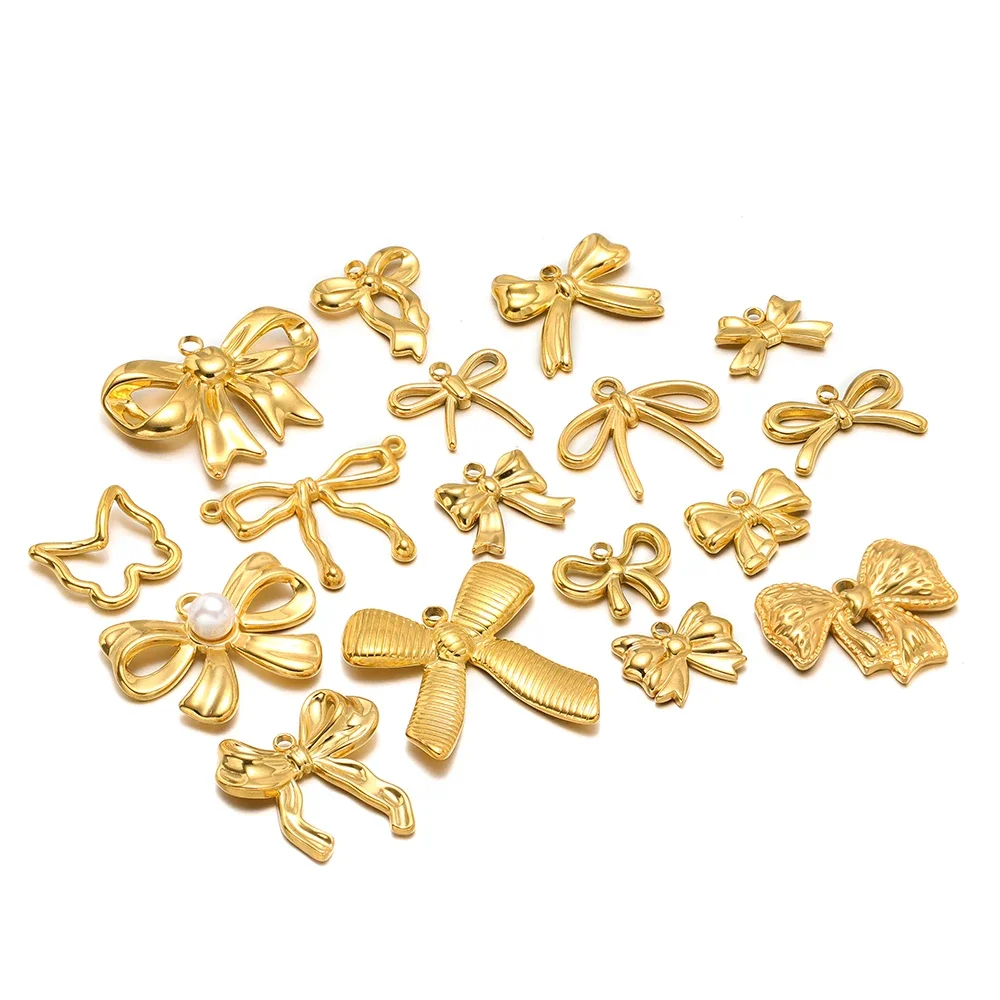 5pcs Stainless Steel 18K Gold Plated Bow Knot Charms Necklace Pendants for DIY Women Earrings Findings Bracelets Jewelry Making