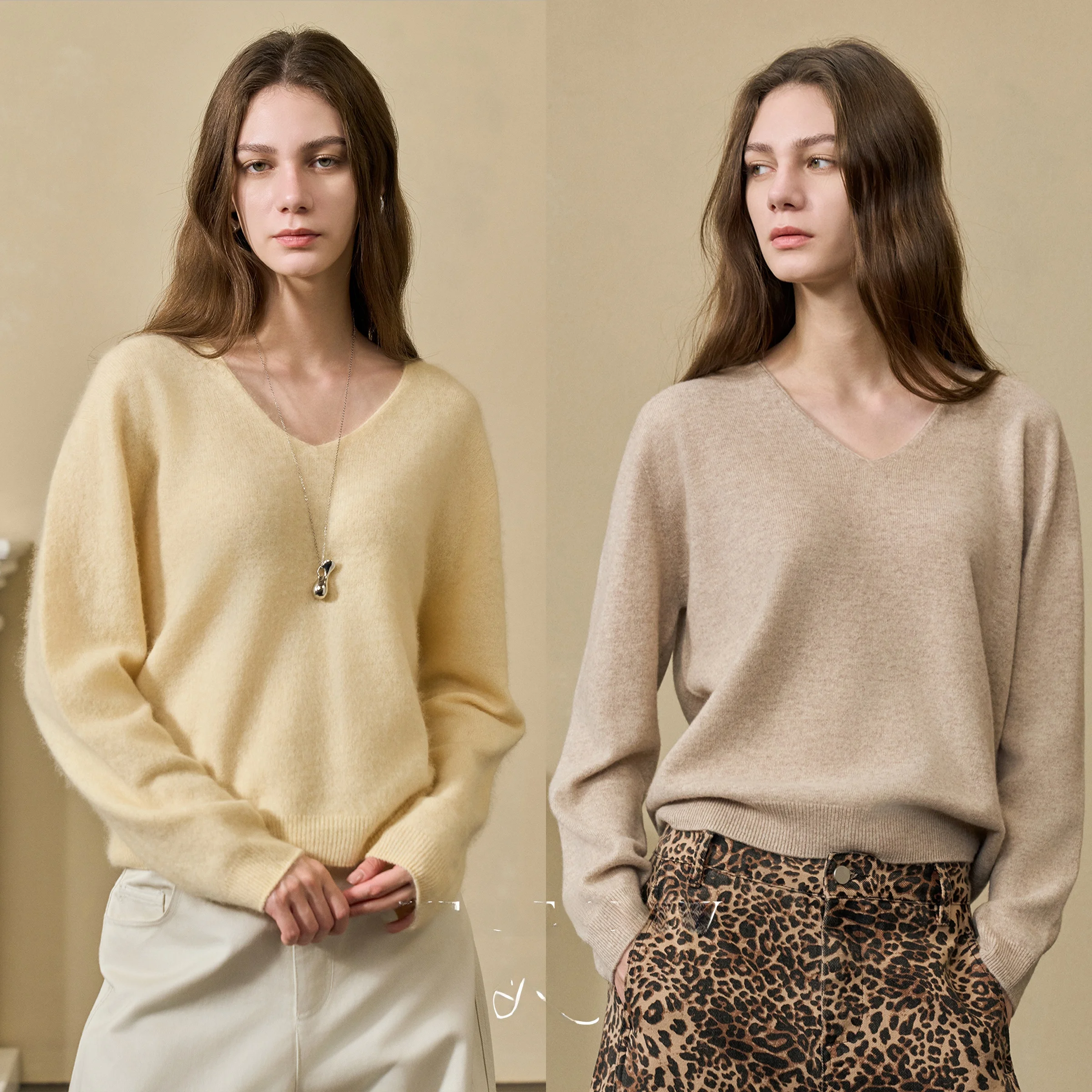 

ERLEY RTW 25 Spring Autumn Soft Loose 00 Wool Knitwear V-Ne Slimming Versatile Long Sve Commute Sle Pure Color
