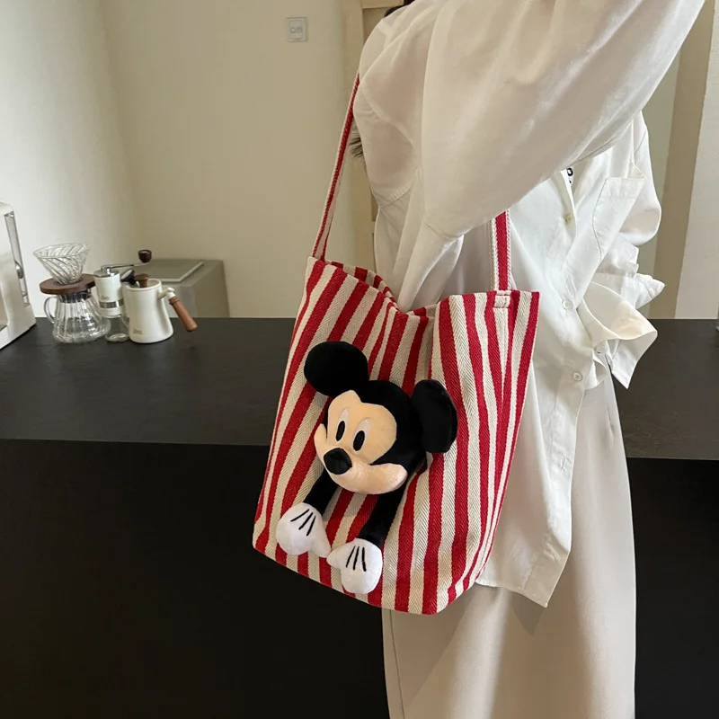 Kawaii Disney Mickey Mouse Shoulder Bag Women's Striped Canvas Bag Bucket Bag Large Capacity Student Commuting Zipper Square Bag