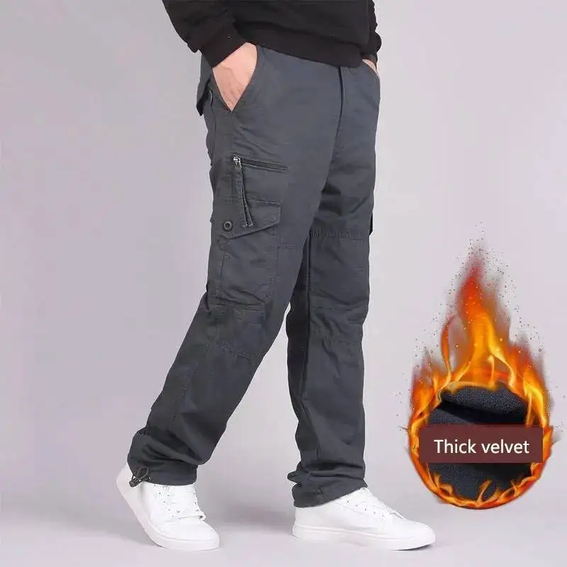 

Winter Thick Fleece Cargo Men Casual Double Layer Thermal Warm Long Trousers Outwear Sports Baggy Tactical Cotton Pants