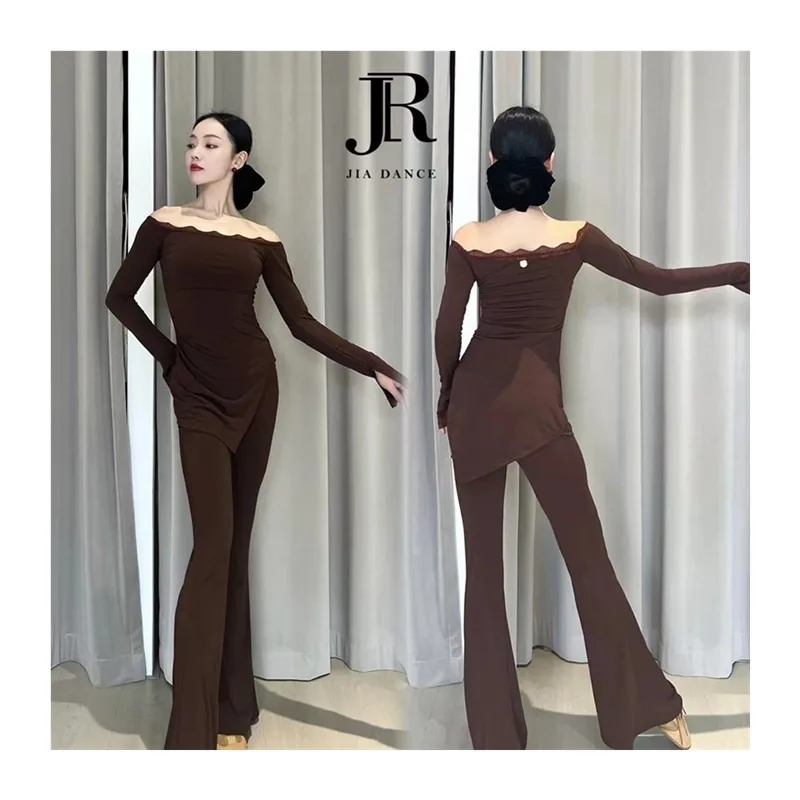 맞춤형 라틴 댄스 유니폼 한쪽 어깨 긴 소매 탑 가슴 패드 포함 연습복 여성 성인 교사용