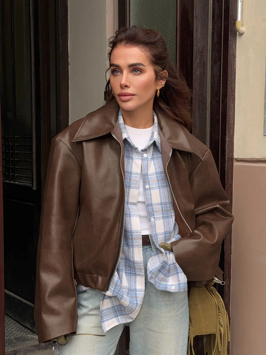 المرأة بولي Leather سترة جلدية Bomber الخريف الربيع سستة التلبيب كم طويل جيب معطف فضفاض الشارع الشهير معطف بورجوندي