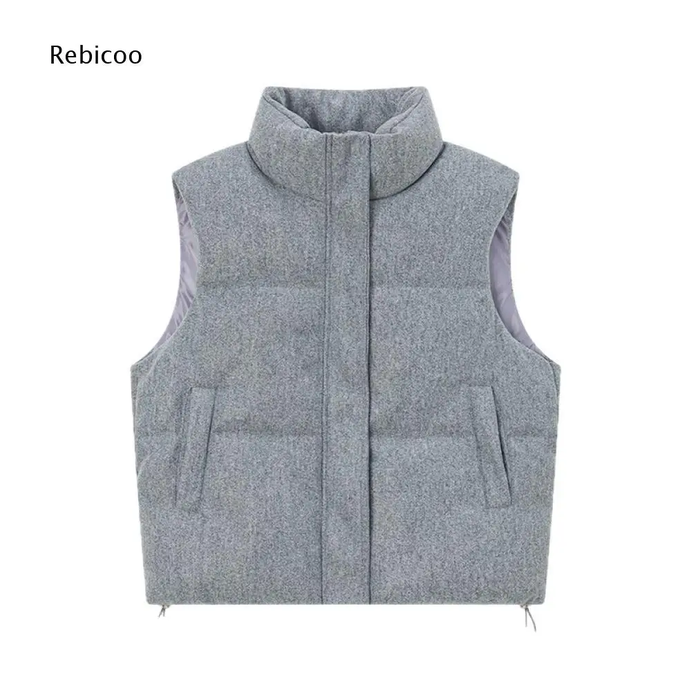Female Warm Padded Sleeveless Gilet Stand Collar Zip Front Loose Short Vest Side Pockets For Layering And Cold Season Daily Wear