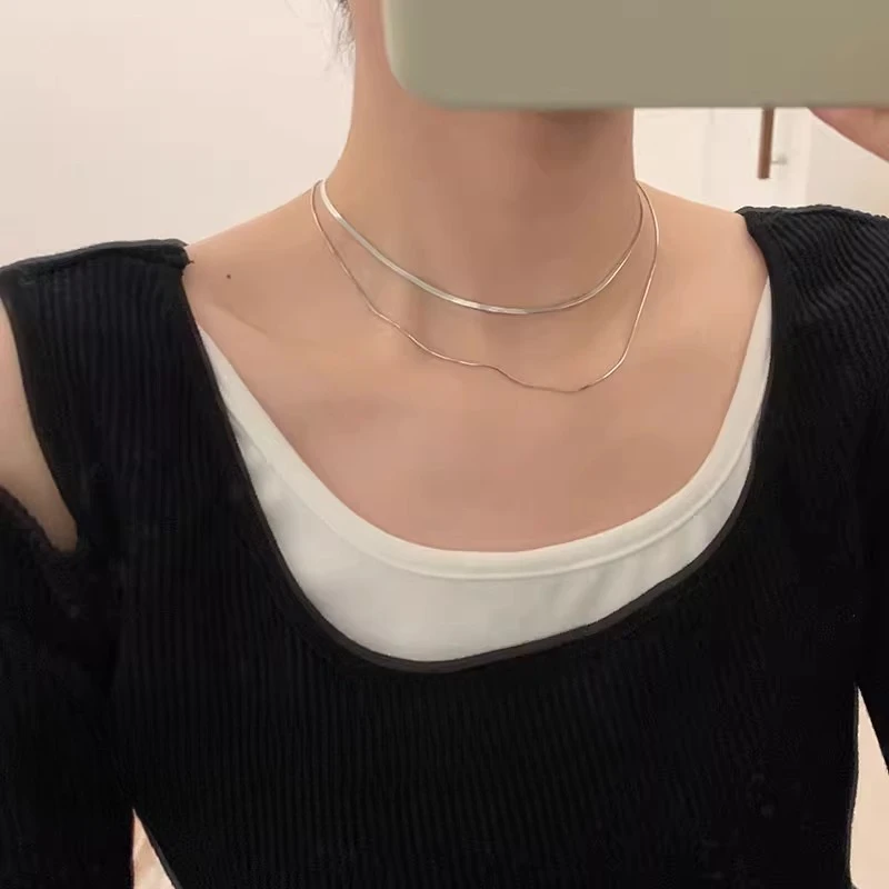 قلادة فضية بطبقة مزدوجة مكدسة على شكل عظمة الثعبان للسيدات سلسلة الترقوة الجديدة قلادة فاخرة خفيفة #3
