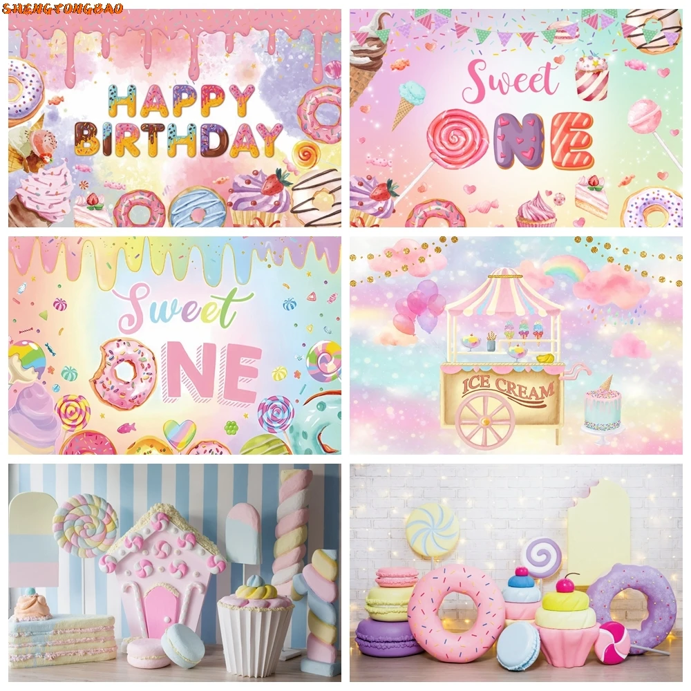 

Candy Bar Shop Theme Backdrop Decor Ice Cream Car Cupcake Lollipop Sweet Baby Birthday Party Photography Background Photo Studio