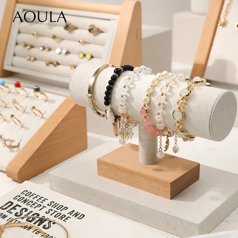 Luxury Wooden T Bar Bracelet Bangle Jewelry Holder Stand Linen Necklace Ear Stud Ring Jewellery Set Countertop Display Organizer
