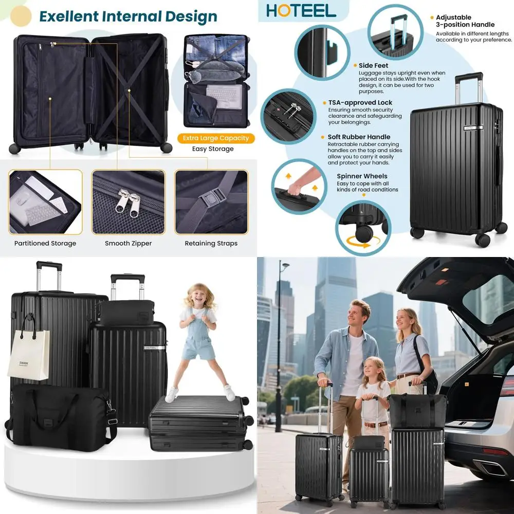 

4-Year Warranty 5-Piece ABS+PC Luggage Set with Spinner Wheels & TSA Lock, Black for Travel & Airplane Use