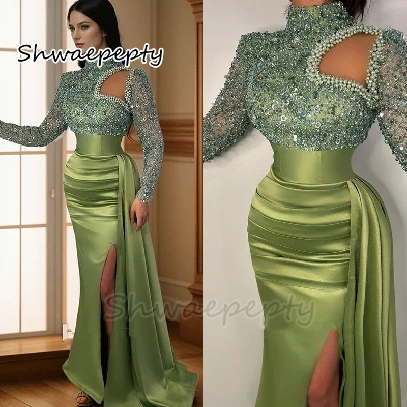 Olive Green Mermaid Prom Dresses Pearls Beaded High Neck Side Split Evening Formal Gown Sequined Satin Long Sleeves Customized