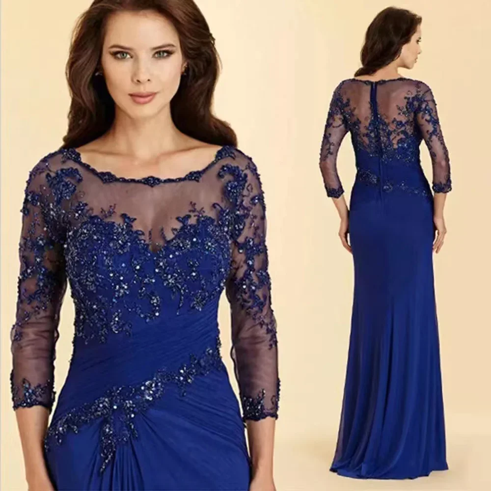 A-Linie Mutter der Braut Kleider elegante blaue 3/4 Ärmel U-Ausschnitt boden lange Spitze plus Größe Hochzeit Gast kleider