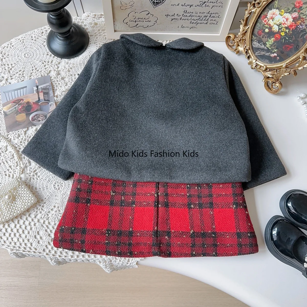 Winter Girls' Outfit  New Arrival Thickened Quilted Girls' Coat with Checkered Vest Dress Two-Piece Set