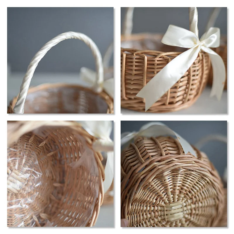 

AS94-6X Wicker Woven Flower Basket, With Handle And White Ribbon, Wedding Flower Girl Baskets, For Home Garden Decoration(S)