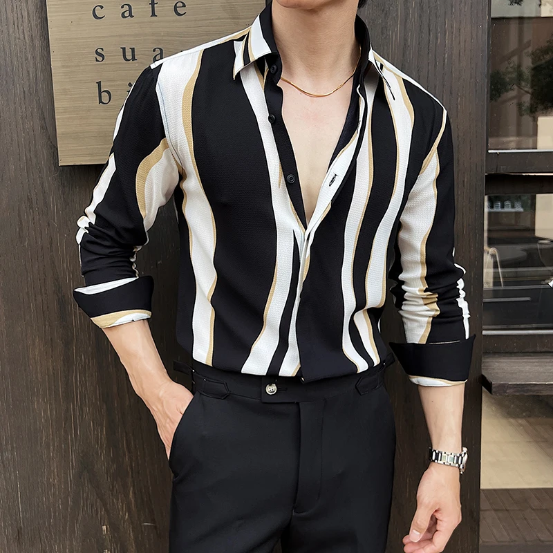 British Style new Artistic Striped Men's Shirt Fashion Long Sleeve Loose Casual Shirts Versatile Social Streetwear Men Clothing