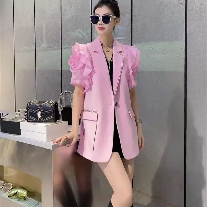 

Fashion Short Sleeved Chiffon Suit Jacket Women's Blazer Summer Suit Coat High-End Versatile Breathable Outerwear Female Top
