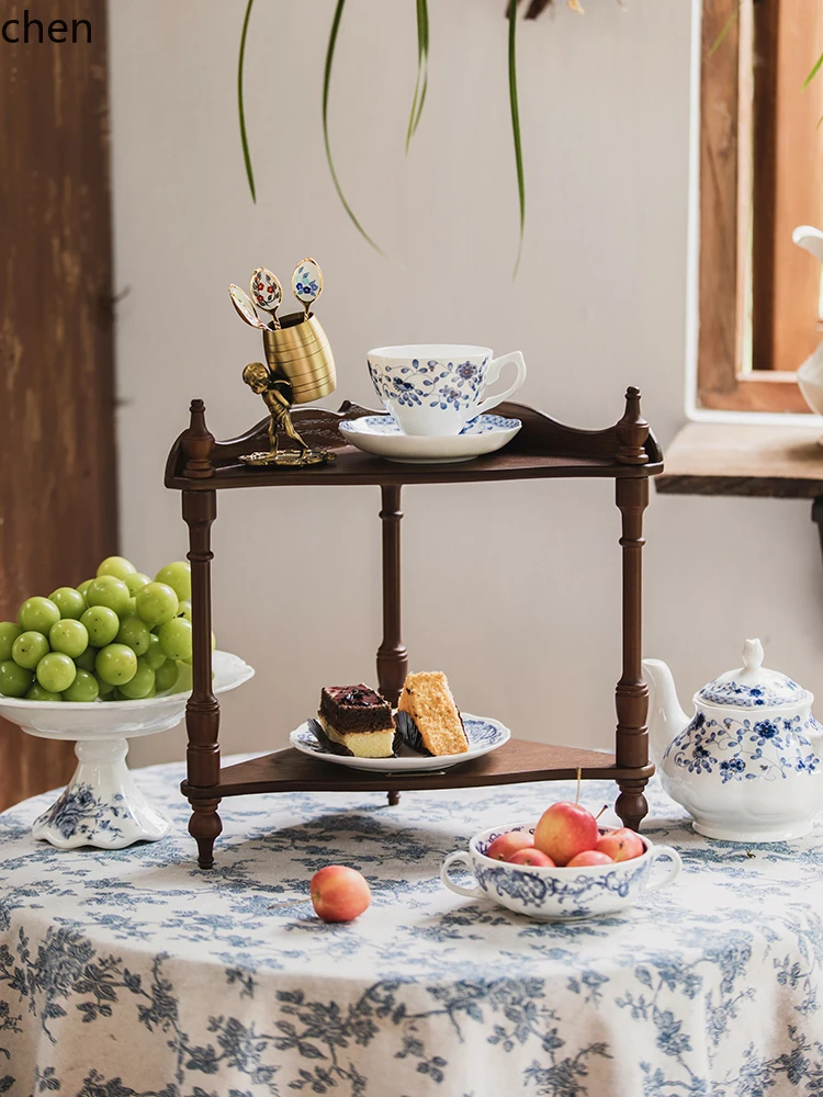 Retro Two-Layer Storage Rack Afternoon Tea Pastry Desktop Display Rack Living Room Wall-Mounted Storage Cup Saucer Organizer