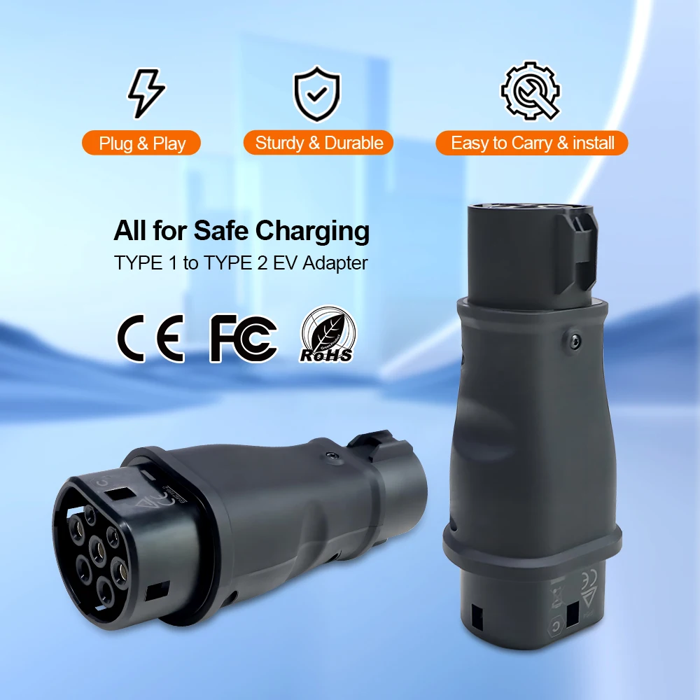 ERDAN EV Charger Adapter Connector Socket 16A 32A J1772 to IEC 62196 EV Charging Type 1 to Type 2 Plug Electric Cars Accessories