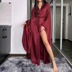 Elegant Hight Waist Pleated Party Dress Fashion Hight Split Long Sleeve Solid Dress Women Sexy V-neck Lace-up Satin Long Dresses