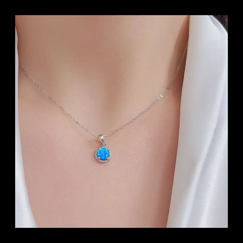 قلادة بتصميم بسيط وشعبي S925 من الفضة المستديرة الكلاسيكية الإبداعية على شكل أوبال أزرق قلادة نسائية #4