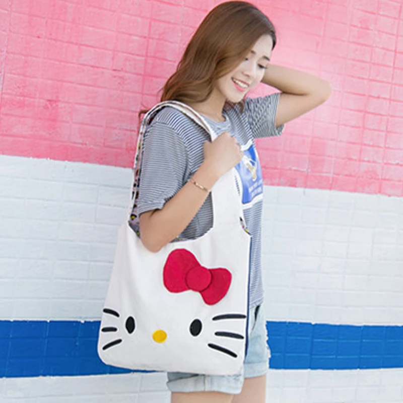 Sanrioed Hello Kitty Cartoon Canvas Bag Kawaii Anime Women's Shoulder Bags Casual Handbag High Capacity Girl Cute Portable Gift