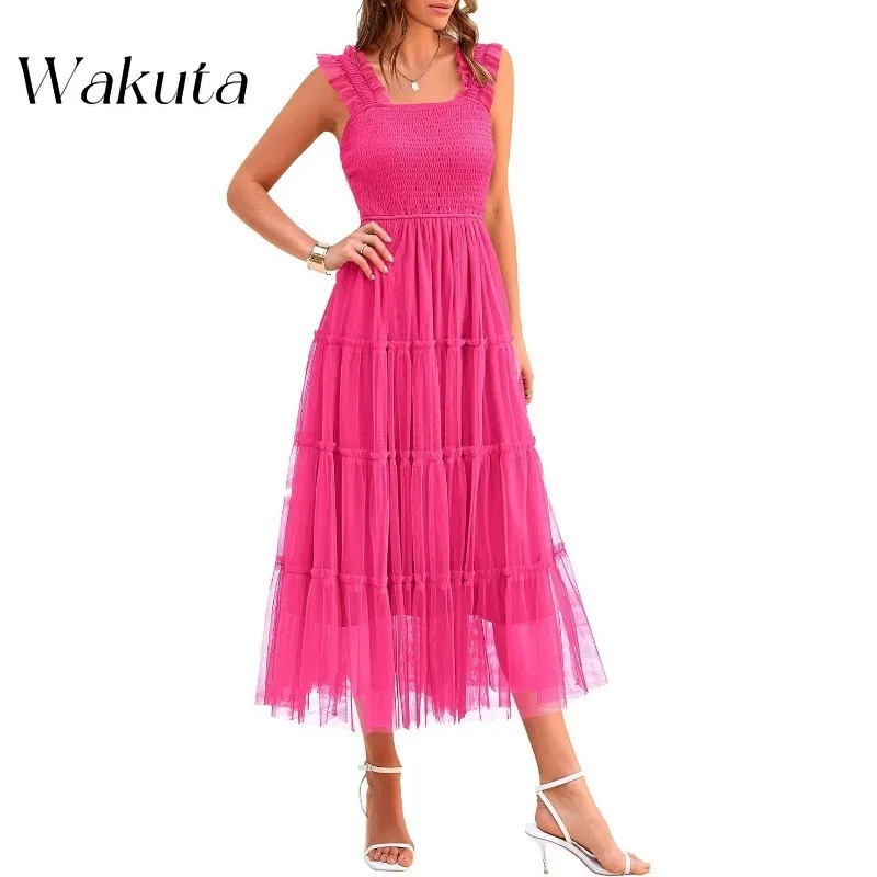 Wakuta Franse retro strapless mouwloos effen bruidsmeisje gast gewaad casual backless gegolfde rand chiffon vloeiende strand vestidos