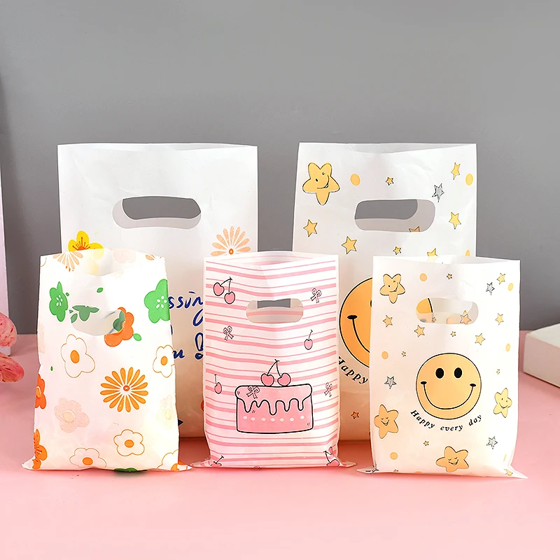 20PC Multi Designs Small Plastic Bag Thicken Shopping Pouch Boutique Gift Bag With Handle Charms Earrings Jewelry Packaging Bags