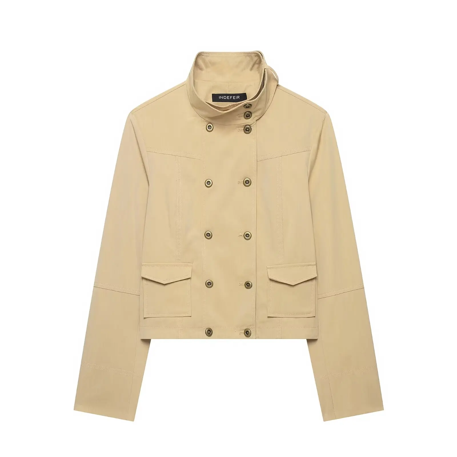 Women's Slim Short Jackets Spring Autumn Female High-Necked Double Row Metal Buckle Casual Coats Lady Chic Street Jackets Tops