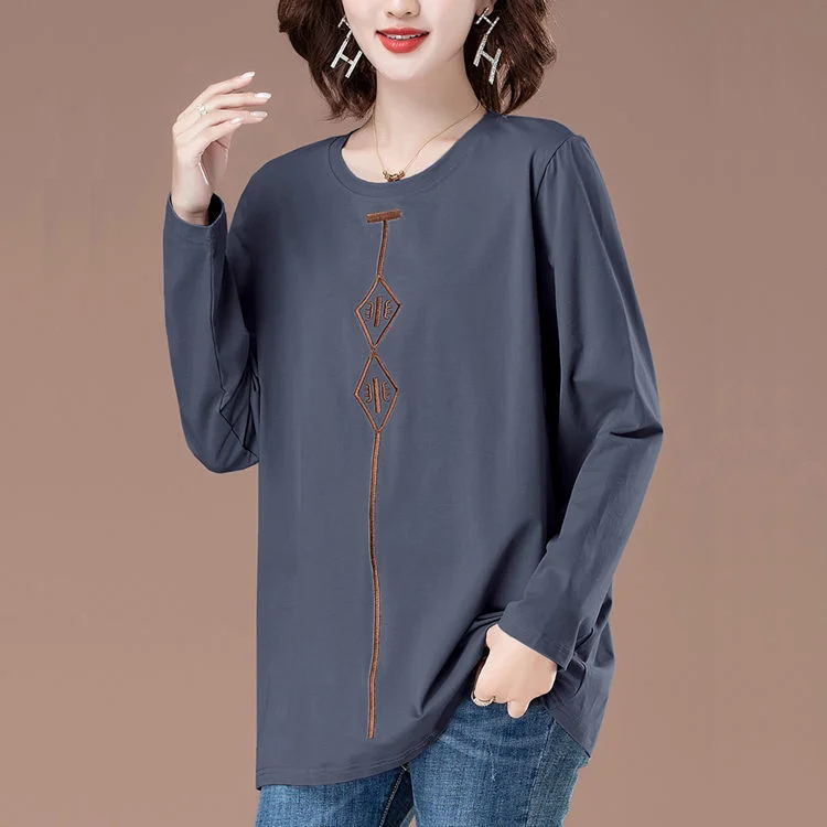 Mom's Spring and Autumn Korean New Round Neck Pullover T-shirt Commuter Fashion Embroidery Loose and Versatile Long Sleeved Tops