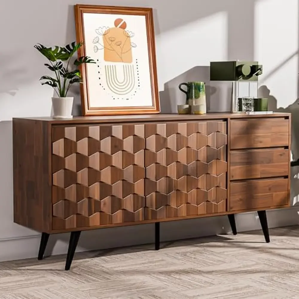 Solid Wood Sideboard Geometric Design 2 Doors 3 Drawers Adjustable Shelf Console Cabinet Multi-Purpose Storage Solution Acacia