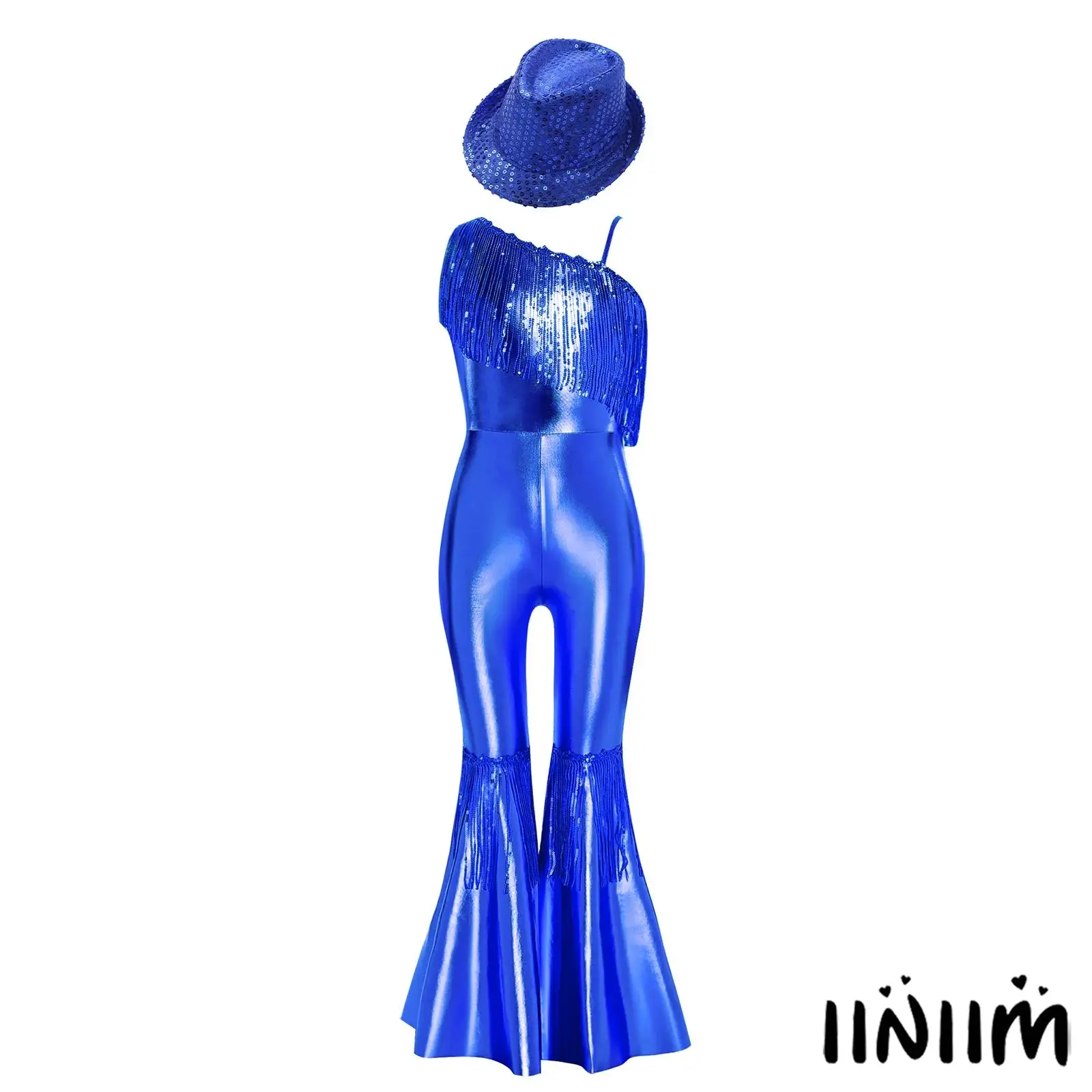 Fantasia de dança jazz discoteca para meninas, 2 peças, sem mangas, lantejoulas, borlas, cintura alta, macacão queimado com chapéu fedora para festa de concurso