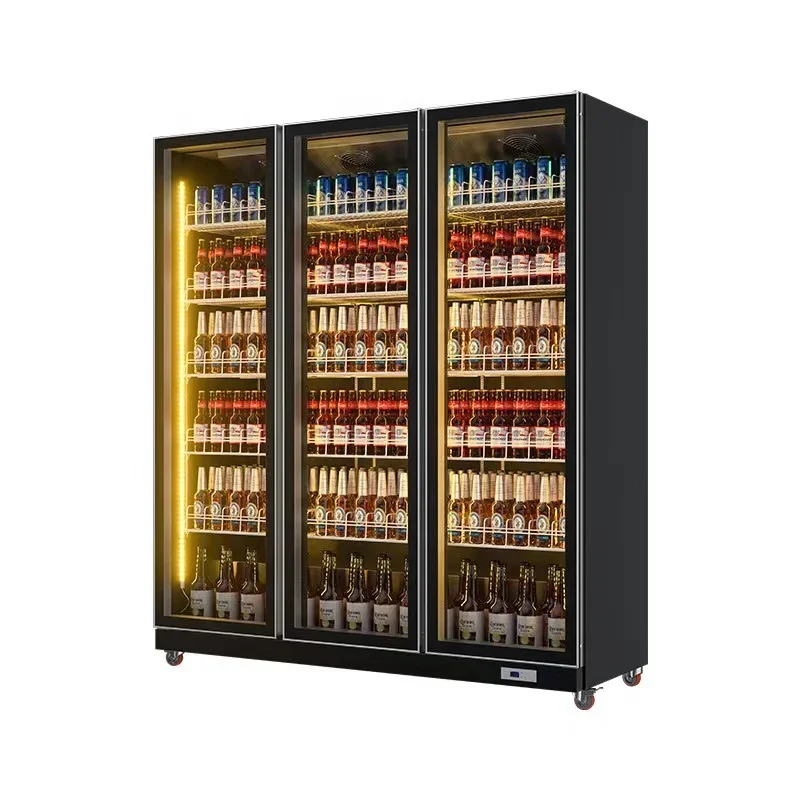 commercial big bar beer cold store drink standing glass 3 door smart chiller display freezers refrigerator fridge refrigeration