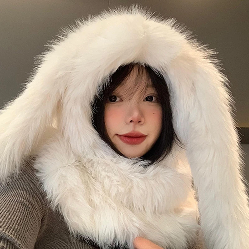 

Women's Y2K Cute Kawaii Plush Bunny Hat Winter Warm Faux Fur Hood Fuzzy Cap Beanie Hat Outdoor Accessory