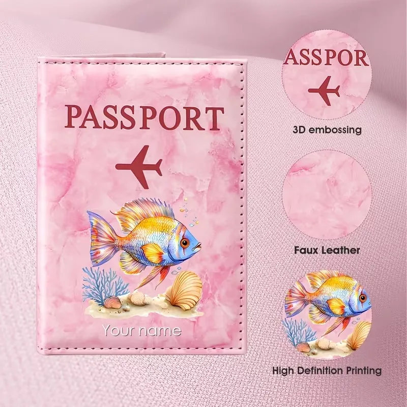 Personalized Custom Name Passport Holder Featuring a Hand-Painted Fish Pattern with an Ocean Theme. The Vibrant Tropical Fish