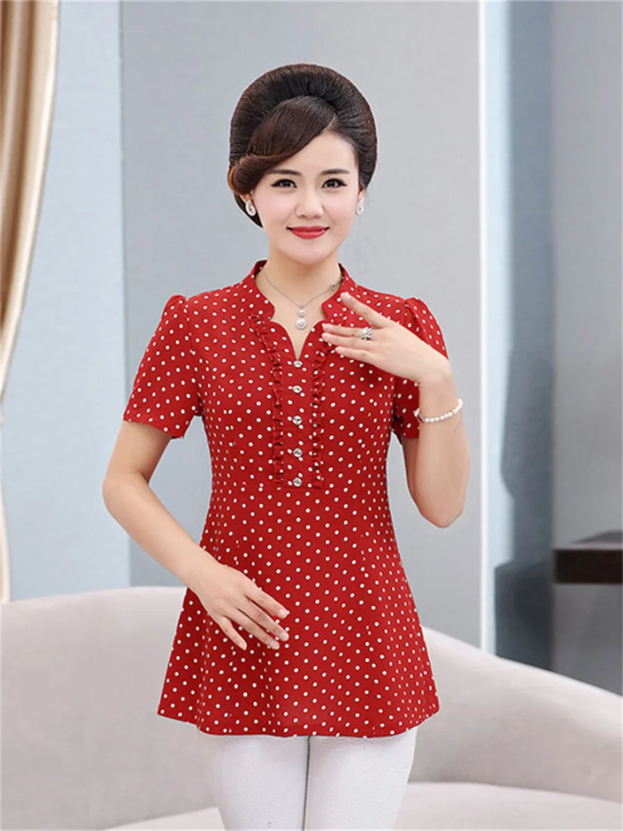 5XL Loose Women Spring Summer Shirts Lady Fashion Casual Short Sleeve V-Neck Collar Polka Dots Blusas Tops TT2036