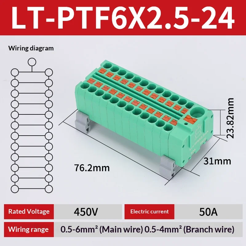 Steckbare Klemmleiste PTF6X2.5mm – Ein-Eingang, Mehrfach-Ausgang, Splicer, Spleißbare Kabelverbinder, DIN-Schienen-Anschlussdose, Elektrische Verbindung